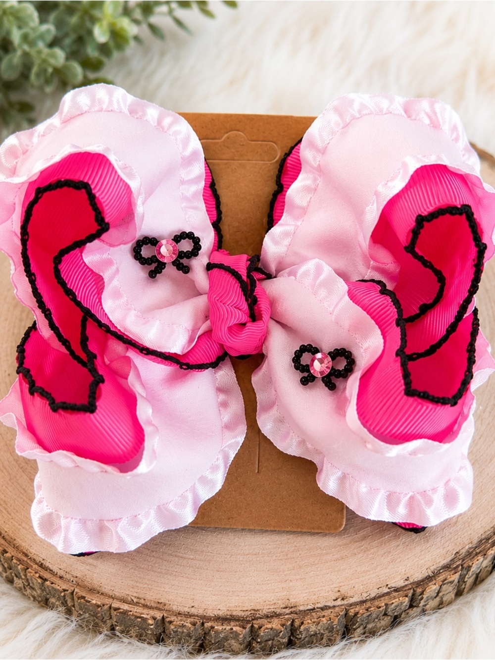 Girls Pink Layered Ruffle Bow Hair Clip with Bead Accent